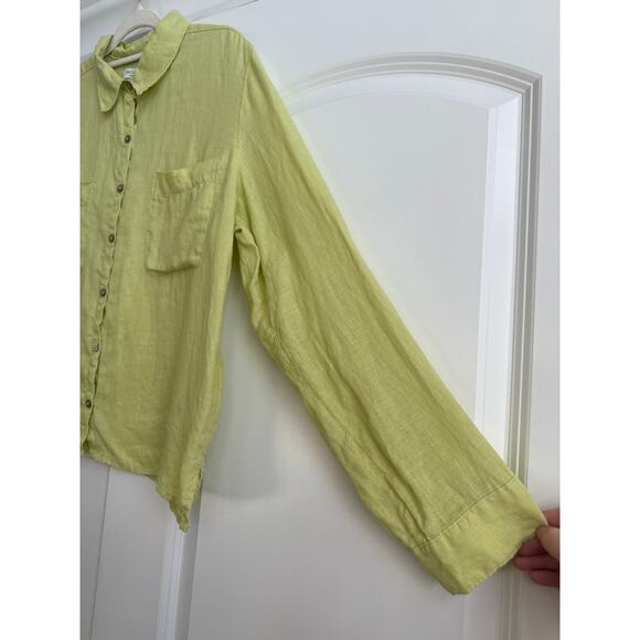 Rachel Zoe 100% Linen Green Chartreuse Collar Button Down Blouse - Picture 6 of 8